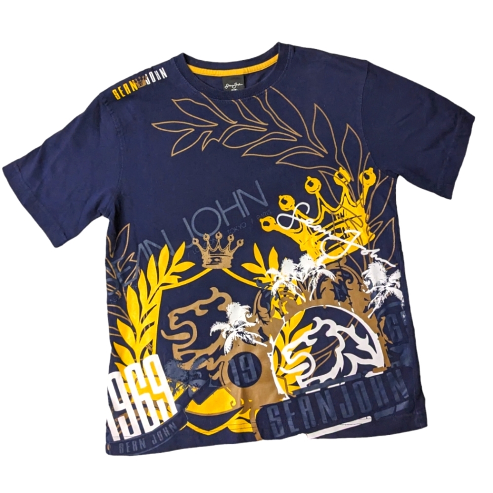 SEAN JOHN Graphic Navy Gold T-shirt Boys' Small 8 EUC